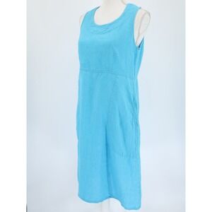 Flax 100% Linen Sleeveless Shift Dress Aqua Blue Pockets Petite P 4-6
